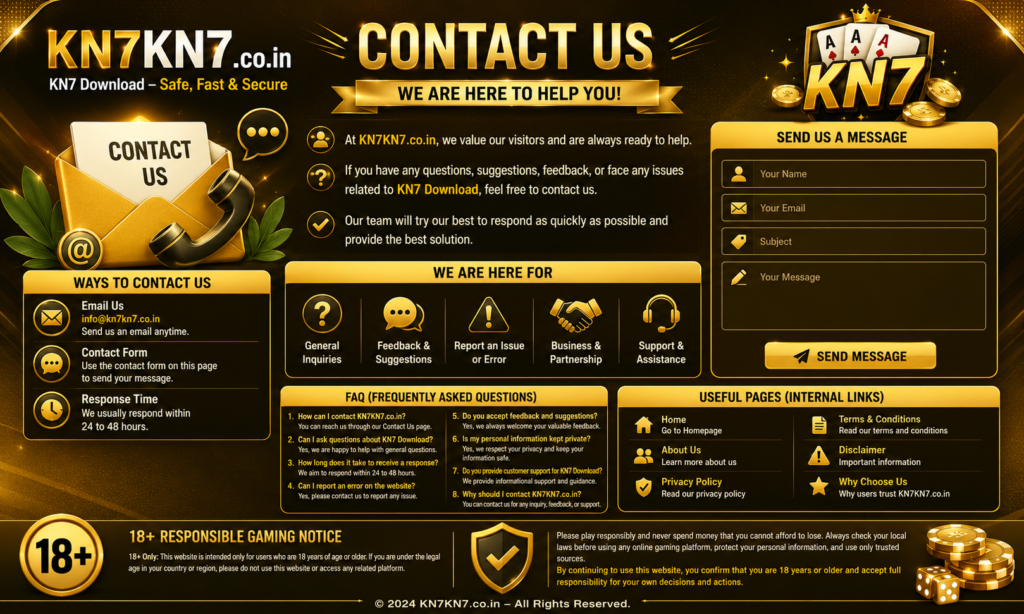 KN7 Download Contact Us page banner with customer support, contact information, help center, and user assistance