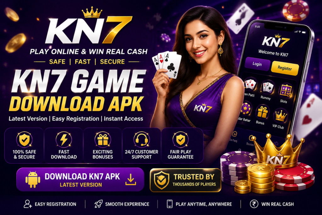 KN7 Game Download APK homepage banner featuring latest version, login, registration, secure gaming, and official download guide