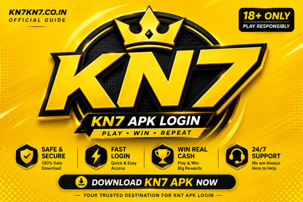 KN7 APK Login premium branding banner featuring secure login, safe download, fast access, trusted platform, and 24/7 support