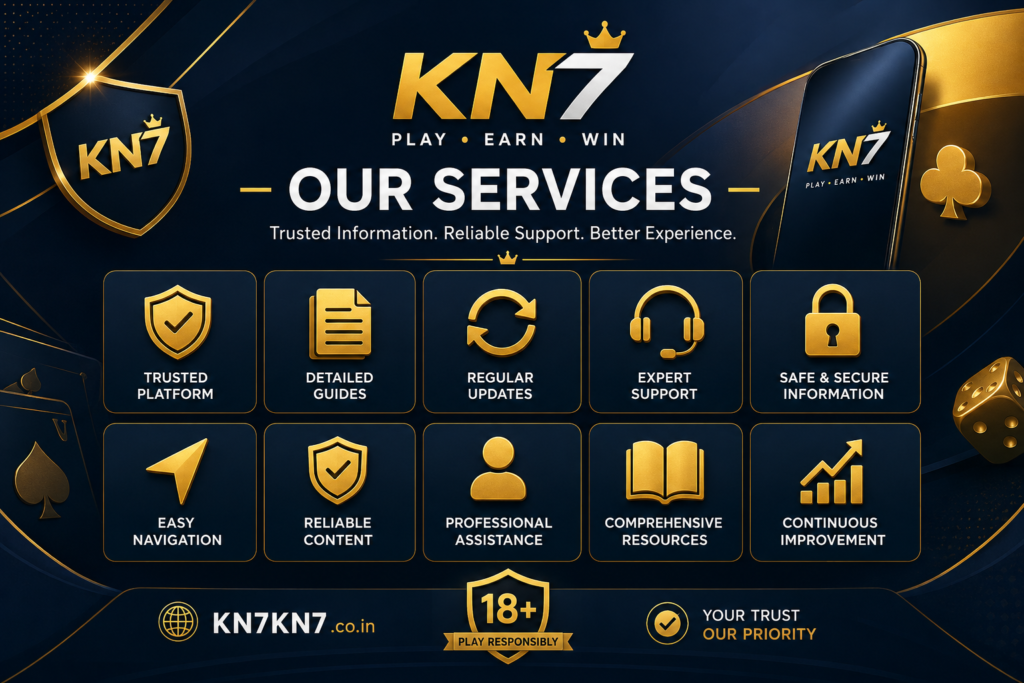 KN7 Game APK services banner featuring trusted platform, detailed guides, expert support, secure information, and regular updates
